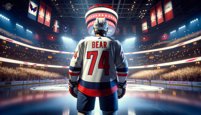 Ethan Bear in Washington Capitals jersey, the newest addition to the team