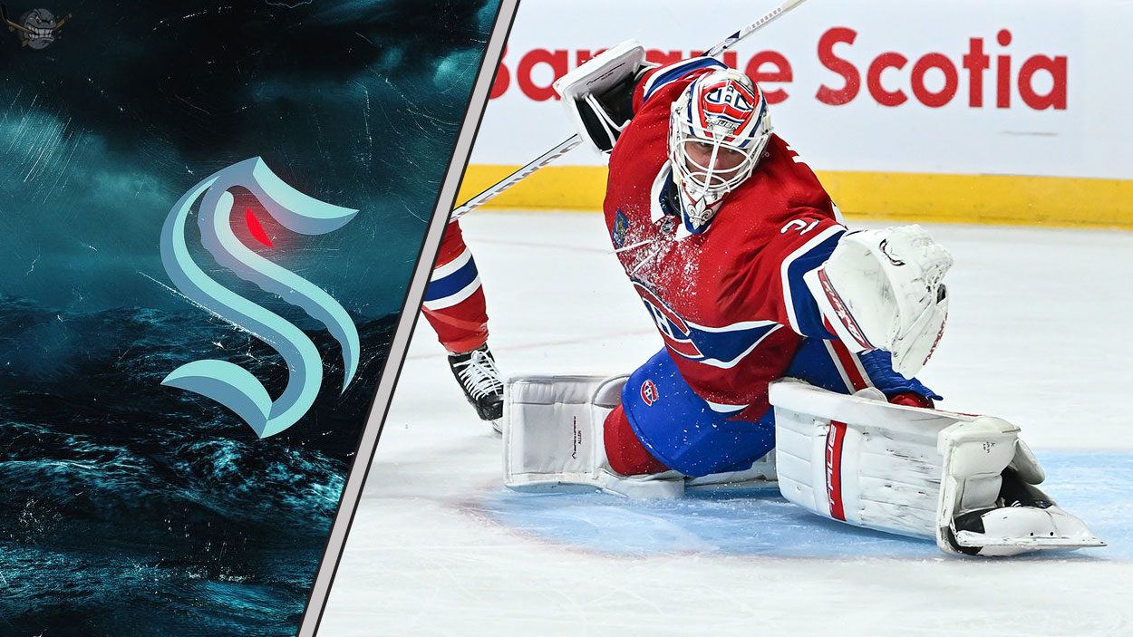 Seattle Kraken logo and Jake Allen in Montreal Canadiens gear, symbolizing potential NHL trade talks