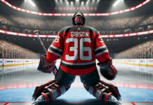 John Gibson in action, potential trade target for New Jersey Devils