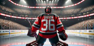 John Gibson in action, potential trade target for New Jersey Devils