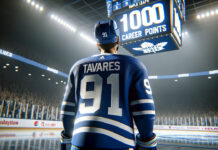 John Tavares in action, scoring his 1000th career point with the Toronto Maple Leafs