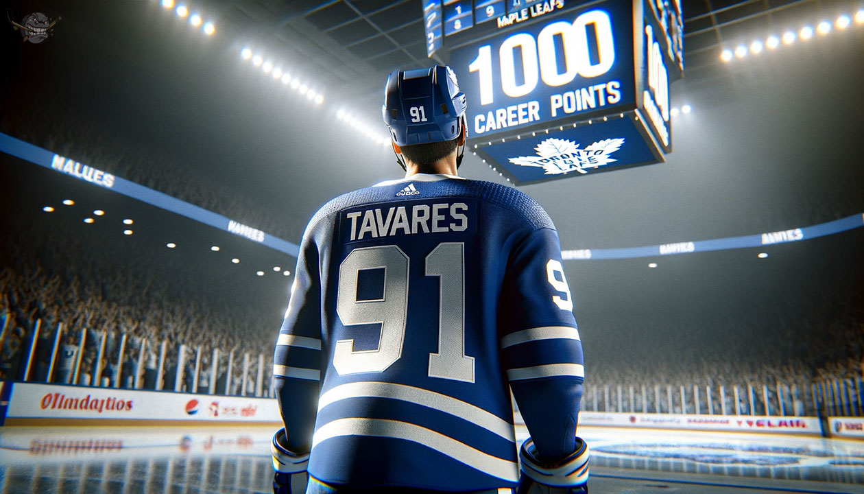 John Tavares in action, scoring his 1000th career point with the Toronto Maple Leafs