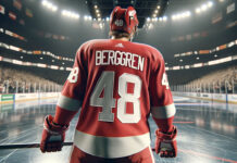 Jonatan Berggren in action, Detroit Red Wings forward contemplating a trade request for increased playtime