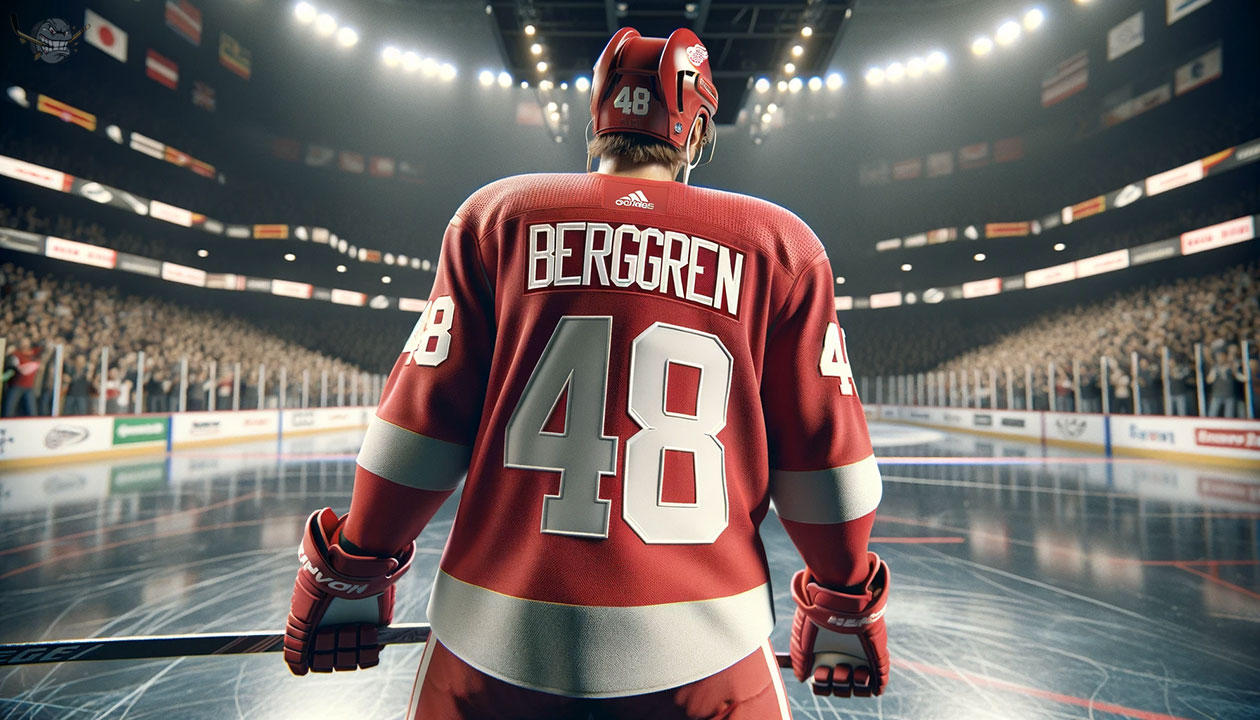 Jonatan Berggren in action, Detroit Red Wings forward contemplating a trade request for increased playtime
