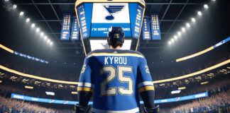 ordan Kyrou on the ice facing boos from St. Louis Blues fans during a tense game post-coach change.