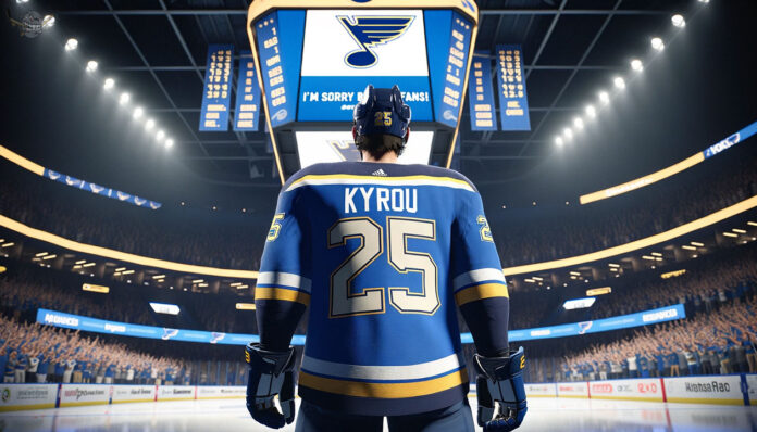 ordan Kyrou on the ice facing boos from St. Louis Blues fans during a tense game post-coach change.