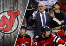 New Jersey Devils' team meeting with coach Lindy Ruff discussing strategy
