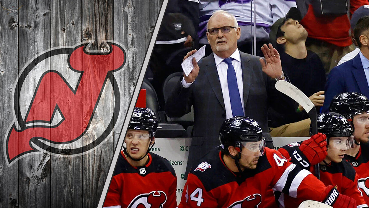 New Jersey Devils' team meeting with coach Lindy Ruff discussing strategy