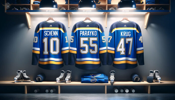 St. Louis Blues jerseys hanging in a dressing. They feature three players in the NHL trade rumors mill.