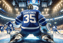 Toronto Maple Leafs Ilya Samsonov in action, reflecting the team's current challenges in the crease