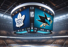 Dynamic action shot from the Toronto Maple Leafs vs San Jose Sharks NHL game, showcasing key players in motion.