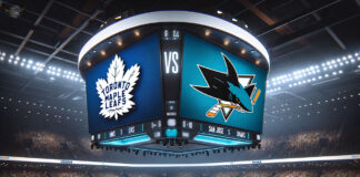 Dynamic action shot from the Toronto Maple Leafs vs San Jose Sharks NHL game, showcasing key players in motion.
