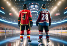 Bowen Byram and Elias Lindholm in a conceptual image depicting potential NHL trade between Colorado Avalanche and Calgary Flames.