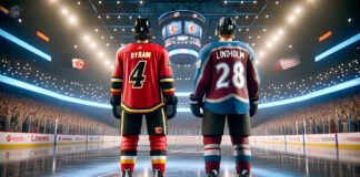 Bowen Byram and Elias Lindholm in a conceptual image depicting potential NHL trade between Colorado Avalanche and Calgary Flames.