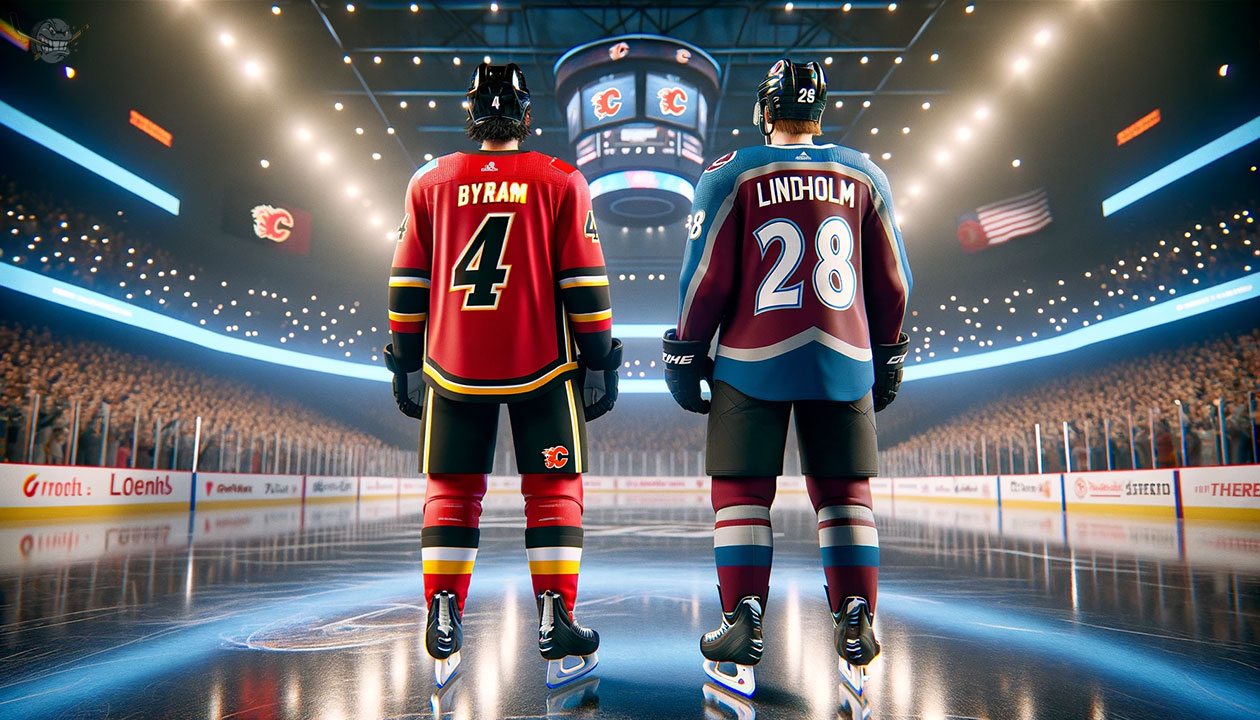 Bowen Byram and Elias Lindholm in a conceptual image depicting potential NHL trade between Colorado Avalanche and Calgary Flames.