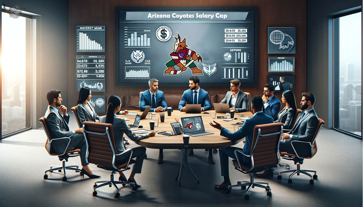 Arizona Coyotes team discussing salary cap and payroll management in a strategy meeting