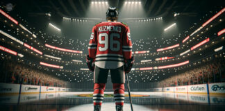 Blackhawks management discussing Andrei Kuzmenko trade options in a strategic meeting