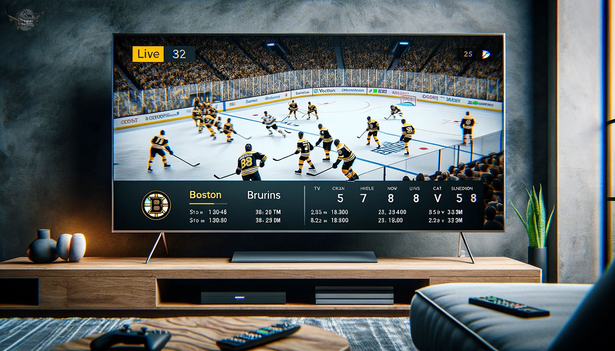 Boston Bruins team playing on TV, highlighting the current game schedule and channel information