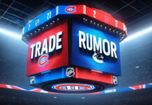 Sean Monahan and Vitali Kravtsov in a conceptual image representing the potential NHL trade between Montreal Canadiens and Vancouver Canucks.