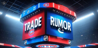 Sean Monahan and Vitali Kravtsov in a conceptual image representing the potential NHL trade between Montreal Canadiens and Vancouver Canucks.