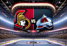 Colorado Avalanche and Ottawa Senators players in action during NHL game