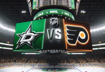 Dallas Stars and Philadelphia Flyers logos facing off in NHL game preview graphic