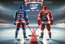 Detroit Red Wings and New York Rangers players discussing strategy on the ice, reflecting potential NHL trade dynamics