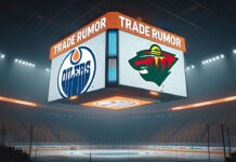 Edmonton Oilers and Minnesota Wild logos with NHL trade rumor text overlay featuring Patrick Maroon and Mattias Janmark