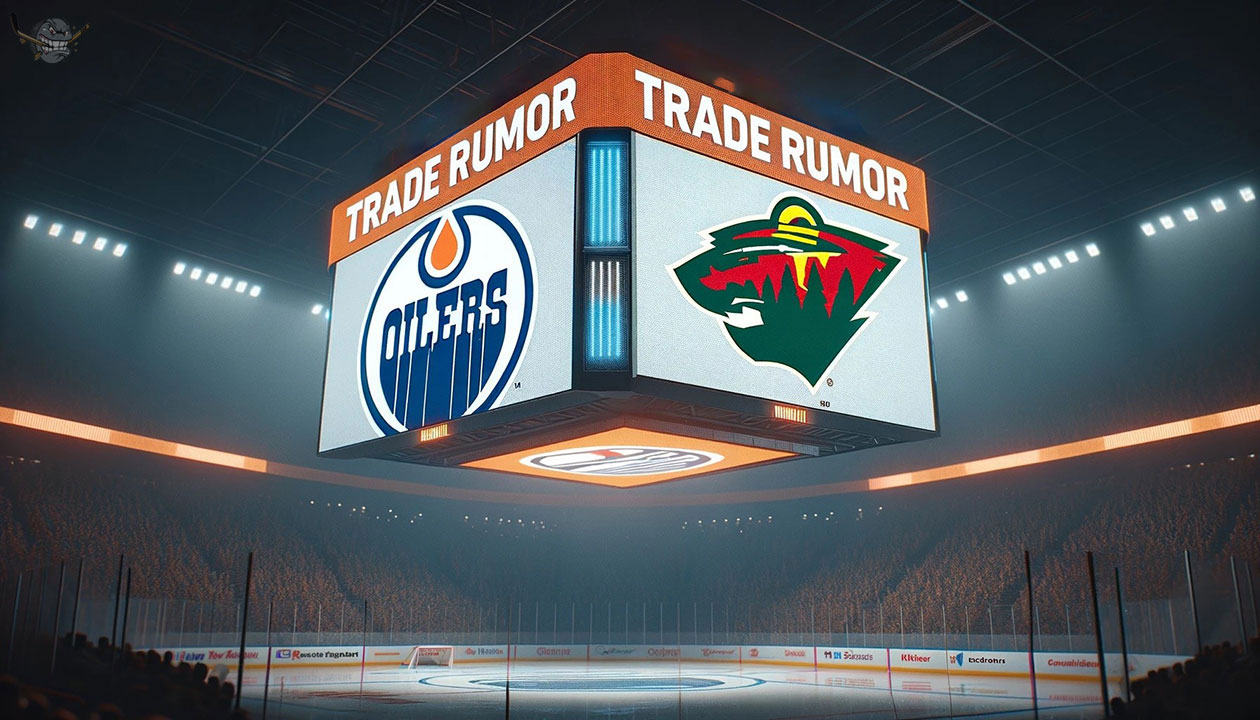 Edmonton Oilers and Minnesota Wild logos with NHL trade rumor text overlay featuring Patrick Maroon and Mattias Janmark