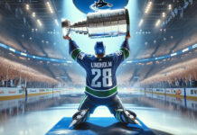 Elias Lindholm in Vancouver Canucks jersey after the blockbuster NHL trade