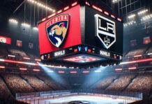 Florida Panthers and LA Kings players in action during an intense NHL game