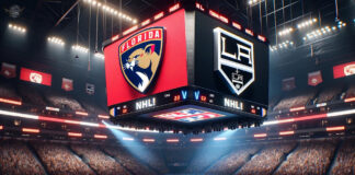 Florida Panthers and LA Kings players in action during an intense NHL game