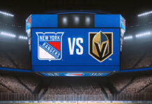 Vegas Golden Knights logo vs New York Rangers logo on the scoreboard in NHL game preview