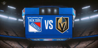 Vegas Golden Knights logo vs New York Rangers logo on the scoreboard in NHL game preview
