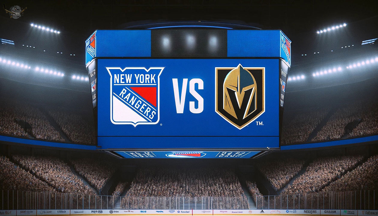 Vegas Golden Knights logo vs New York Rangers logo on the scoreboard in NHL game preview