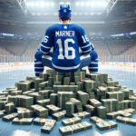 Mitch Marner’s Next Contract: Speculations and Predictions for Toronto Maple Leafs Mitch Marner sitting on stacks of money thinking about how much his next contract will be.