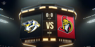 NHL game preview image featuring Nashville Predators and Ottawa Senators logos with matchup details