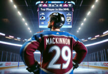 Nathan MacKinnon in action, leading the NHL rankings, showcasing skill and determination on the ice