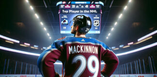 Nathan MacKinnon in action, leading the NHL rankings, showcasing skill and determination on the ice