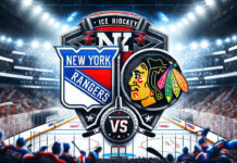 Action-packed moment from New York Rangers vs Chicago Blackhawks game