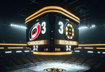 Action shot from the intense NHL game between Carolina Hurricanes and Boston Bruins