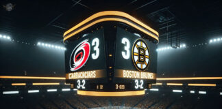 Action shot from the intense NHL game between Carolina Hurricanes and Boston Bruins