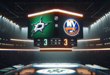 Dallas Stars and New York Islanders players in action during NHL 2024 game