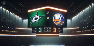 Dallas Stars and New York Islanders players in action during NHL 2024 game