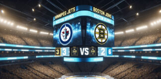 Winnipeg Jets and Boston Bruins players in action during NHL game preview