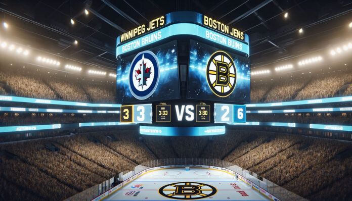 nhl-game-preview-jets-bruins-action Winnipeg Jets and Boston Bruins players in action during NHL game preview