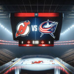 New Jersey Devils vs. Columbus Blue Jackets players in action during NHL game