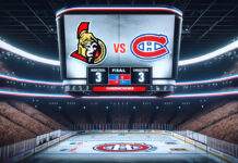 Ottawa Senators and Montreal Canadiens players in intense NHL game action