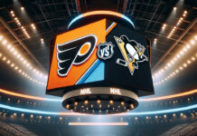 Pittsburgh Penguins and Philadelphia Flyers players in action during NHL game
