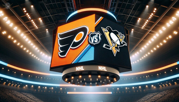 Pittsburgh Penguins and Philadelphia Flyers players in action during NHL game
